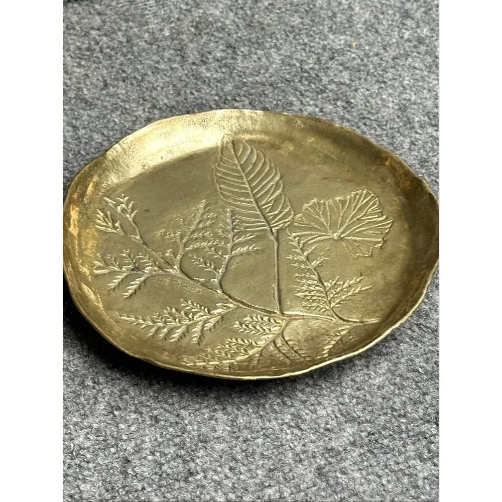 Vintage MCM brass botanical embossed trinket catchall dish Collini Italy footed
